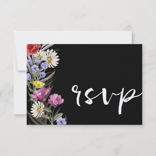 Boho Watercolor Wild Flower & Black Wedding RSVP Card (Front)