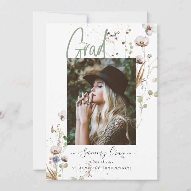 Boho Watercolor Wild Flowers  Graduation  Announcement (Front)