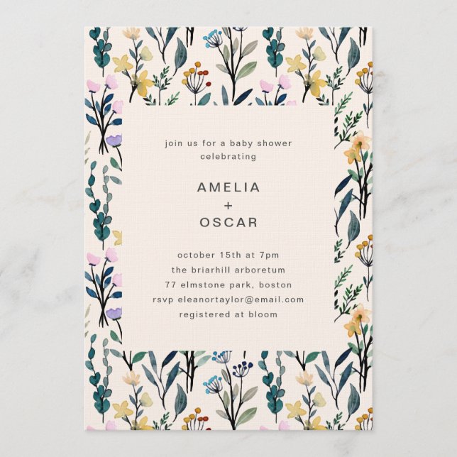 Boho Watercolor Wildflower Couples Baby Shower  Invitation (Front)
