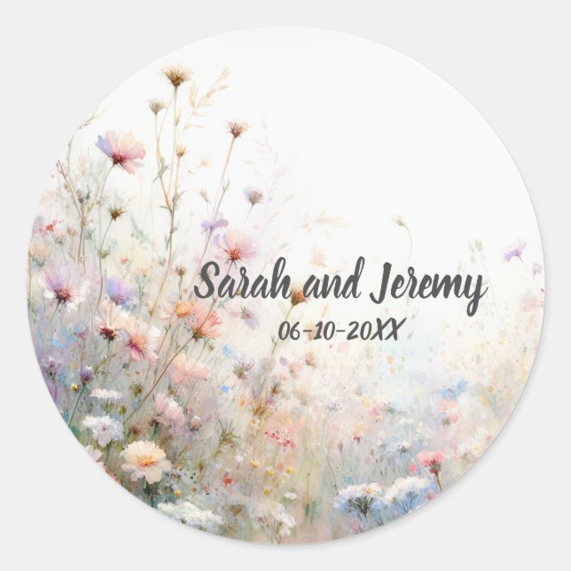 Boho Watercolor Wildflower Floral Personalize Classic Round Sticker (Front)