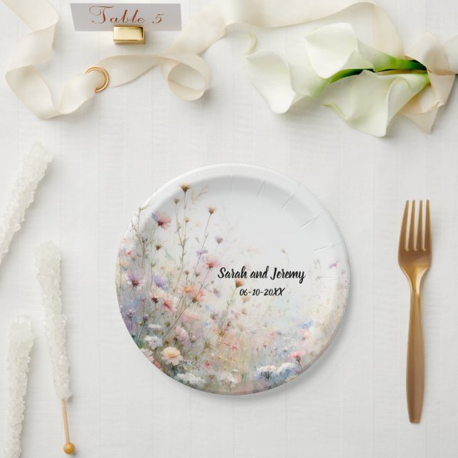 Boho Watercolor Wildflower Floral Personalize Paper Plate (Wedding)