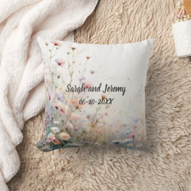 Boho Watercolor Wildflower Floral Personalize Throw Pillow (Blanket)