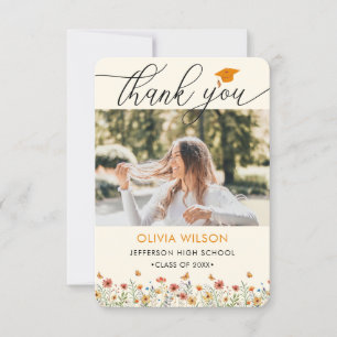 Boho watercolor wildflower Graduation 2 Photos Thank You Card