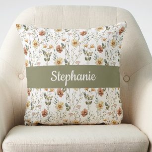 Boho Watercolor Wildflower Monogram Name Throw Pillow