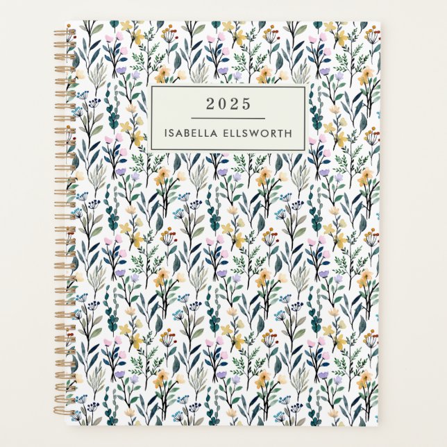 Boho Watercolor Wildflower Personalized Name 2025 Planner (Front)
