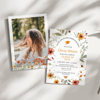Boho Watercolor Wildflower Photo Graduation Party Invitation