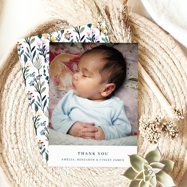 Boho Watercolor Wildflower Simple Baby Photo Thank You Card (Creator Uploaded)