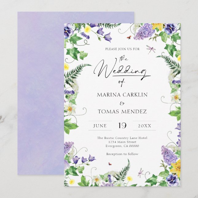 Boho Watercolor Wildflower Wedding Invitation (Front/Back)