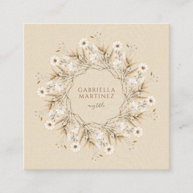 Boho Watercolor Wildflower Wreath Square Business Card (Front)