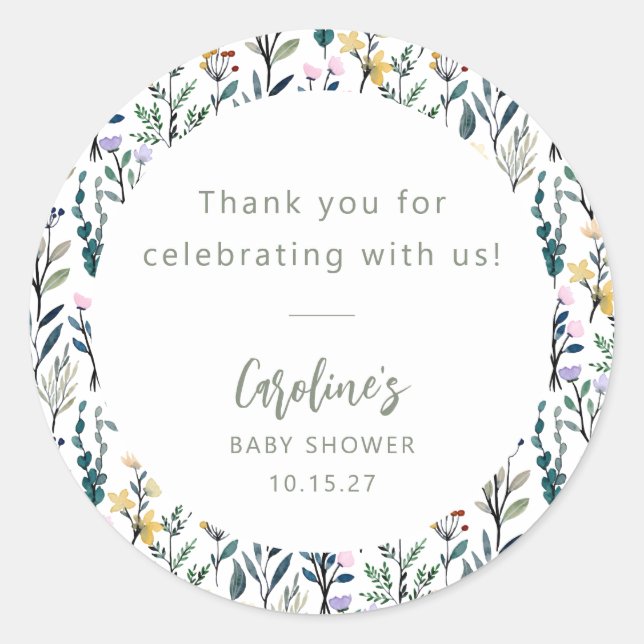 Boho Watercolor Wildflowers Baby Shower Custom Classic Round Sticker (Front)
