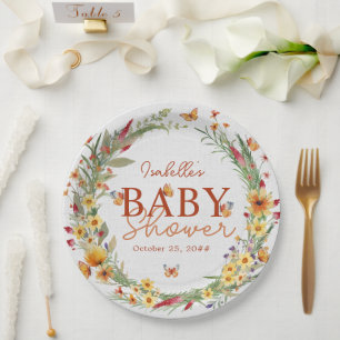 Boho Watercolor Wildflowers Baby Shower Paper Plate