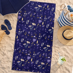 Boho Watercolor Wildflowers Navy  Beach Towel