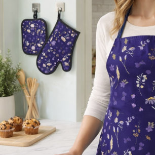 Boho Watercolor Wildflowers Navy Oven Mitt & Pot Holder Set