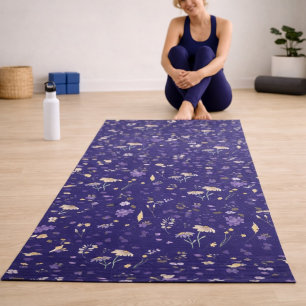 Boho Watercolor Wildflowers Navy  Yoga Mat