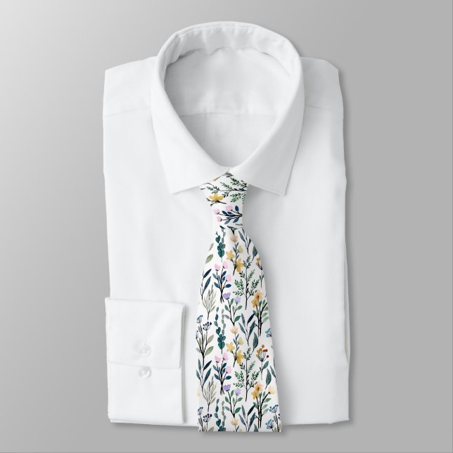 Boho Watercolor Wildflowers Painting Pattern  Tie (Tied)