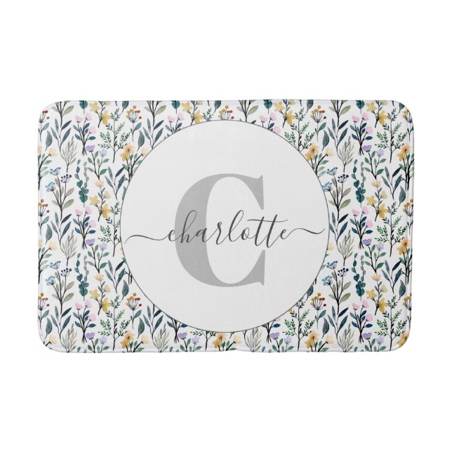 Boho Watercolor Wildflowers Pattern Monogram Name  Bath Mat (Front)