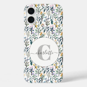Boho Watercolor Wildflowers Pattern Monogram Name  iPhone 16 Plus Case