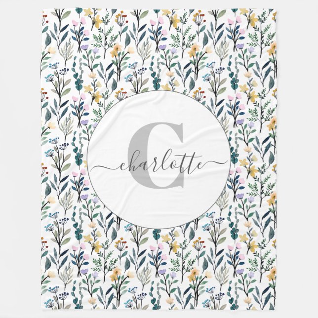 Boho Watercolor Wildflowers Pattern Monogram Name  Fleece Blanket (Front)