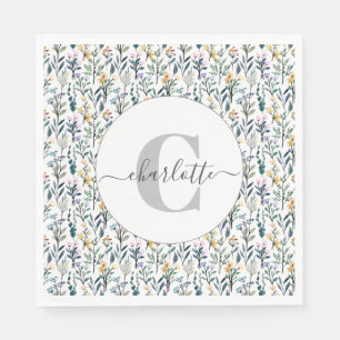 Boho Watercolor Wildflowers Pattern Monogram Name  Napkin