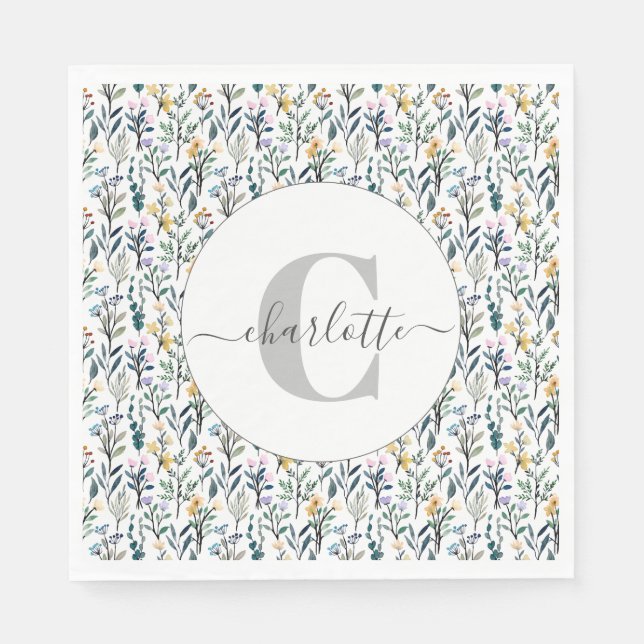 Boho Watercolor Wildflowers Pattern Monogram Name  Napkin (Front)