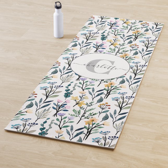 Boho Watercolor Wildflowers Pattern Monogram Name Yoga Mat (In Situ)