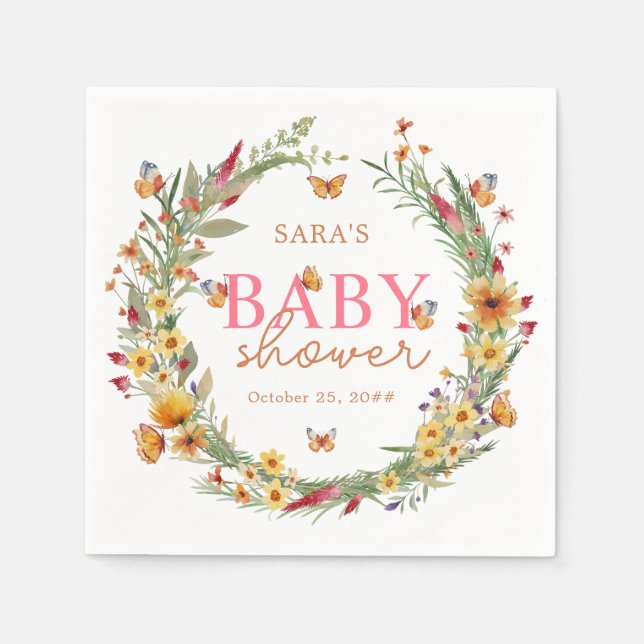 Boho Watercolor Wildflowers Rustic Baby Shower  Napkin (Front)