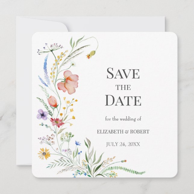 Boho Watercolor Wildflowers Save The Date Card (Front)