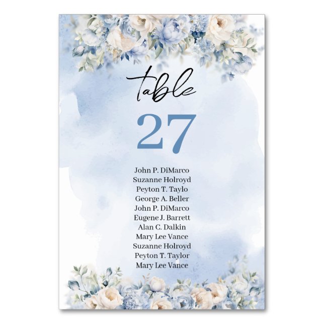 Boho watercolor winter blue flowers ivory wedding table number (Front)