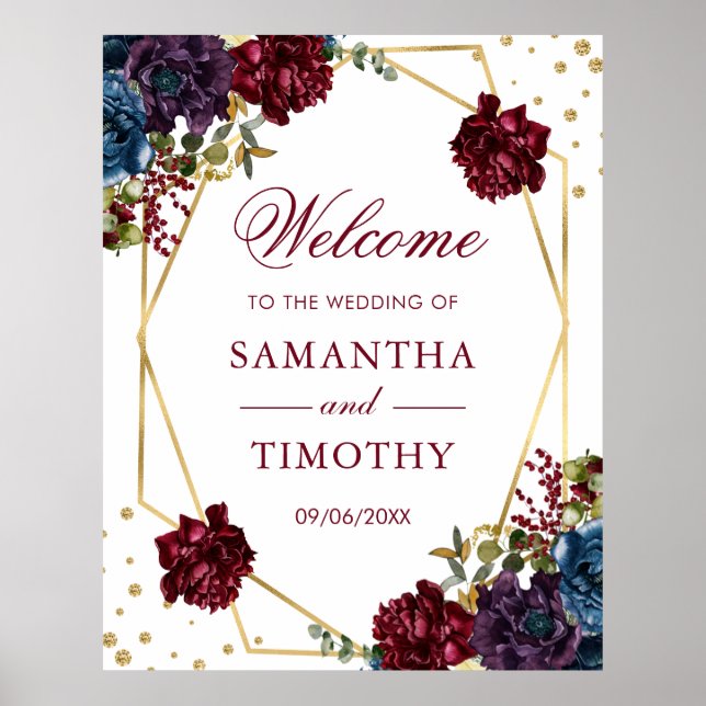 Boho Watercolor Winter Flowers Gold Frame Wedding Poster (Front)