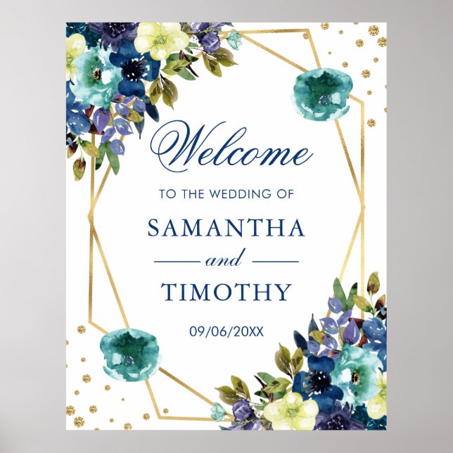 Boho Watercolor Winter Flowers Gold Frame Wedding Poster (Front)