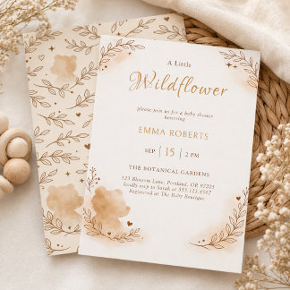 Boho Watercolor Woodland Bear Wildflower Invitation