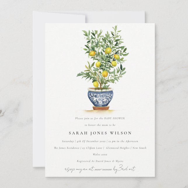 Boho Watercolor Yellow Lemon Tree Baby Shower Invitation (Front)