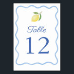 Boho Wavy Blue Border Citrus Lemon Wedding Table Number<br><div class="desc">This relaxed table number design features a hand drawn wavy border and a single watercolor lemon. Shown here for a Wedding but would work equally well for a Shower,  Baptism or Birthday.</div>
