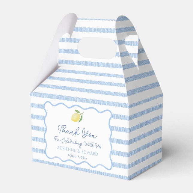 Boho Wavy Border Blue And White Tile Lemon Wedding Favor Box (Front Side)