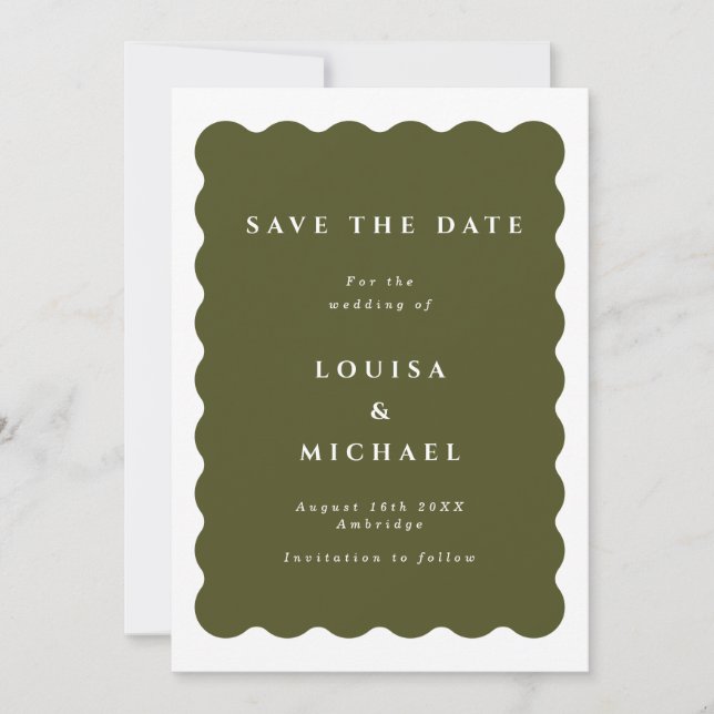 Boho Wavy Border Green Wedding  Save The Date (Front)
