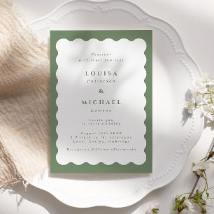 Boho Wavy Border Green & White Wedding Invitation