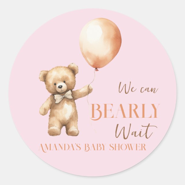 Boho We Can Beary Wait Pink Bear Girl Baby Shower Classic Round Sticker (Front)