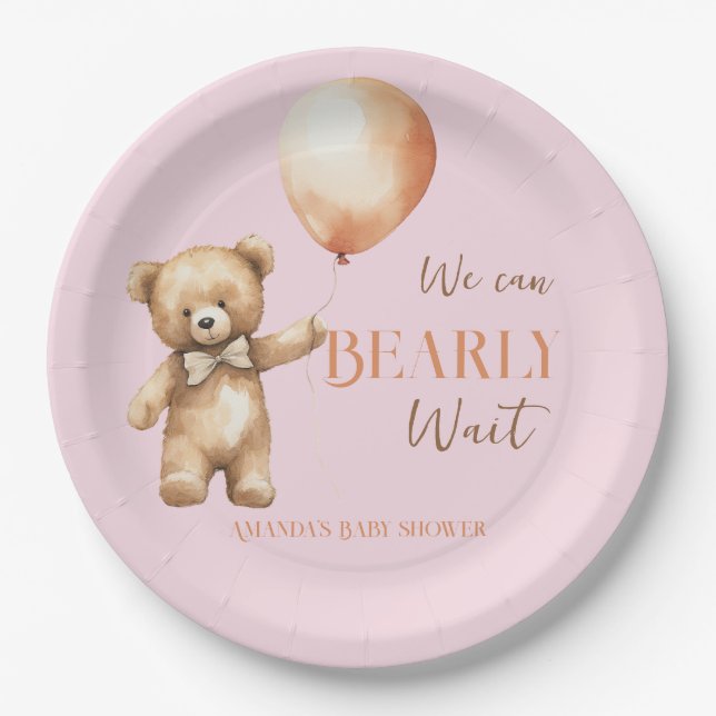 Boho We Can Beary Wait Pink Bear Girl Baby Shower Paper Plate (Front)