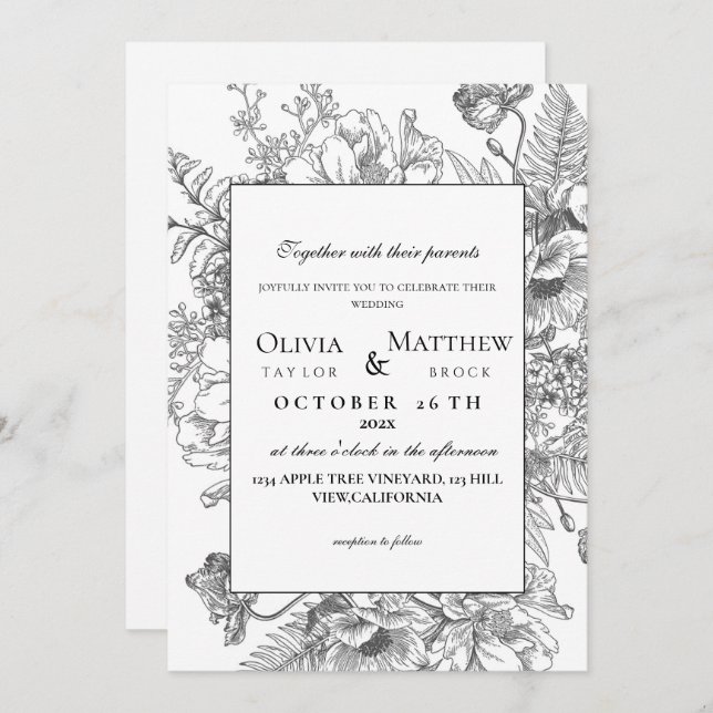 Boho Wedding Black & White Elegant Modern Wedding Invitation (Front/Back)