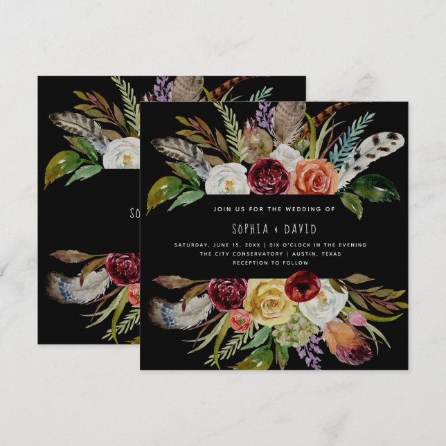 Boho Wedding Burgundy and Orange Flowers on Black Invitation (Front/Back)