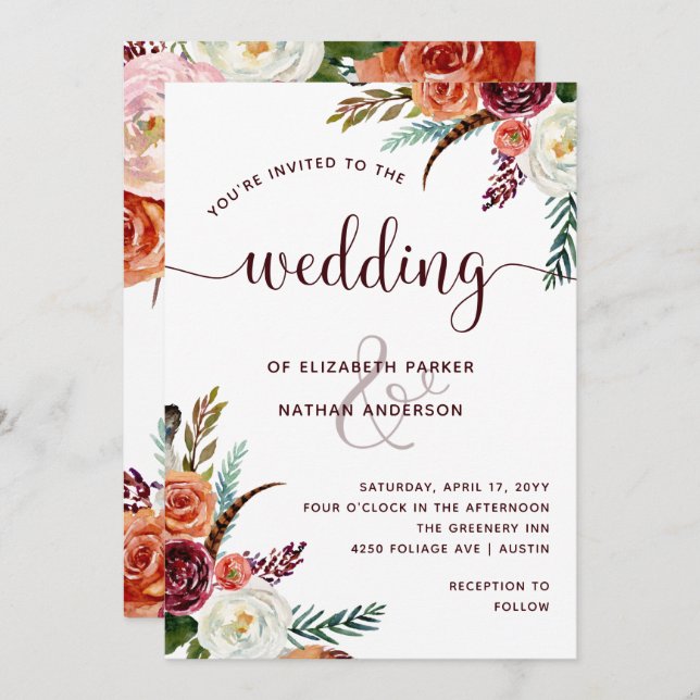 Boho Wedding | Burgundy Orange and White Flowers Invitation (Front/Back)