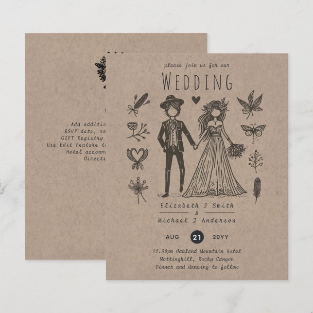 Boho Wedding Cartoon Bride Groom Handdrawn (Front/Back)