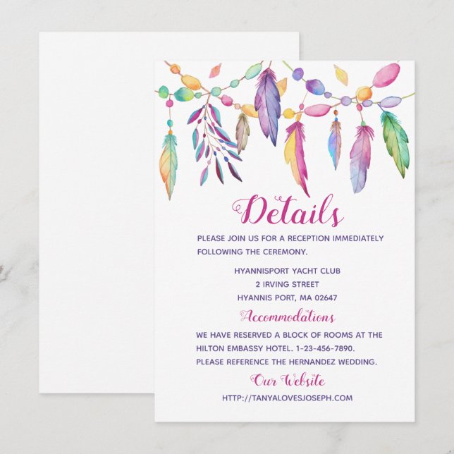 Boho Wedding Details Feathers Purple Indian Invitation (Front/Back)