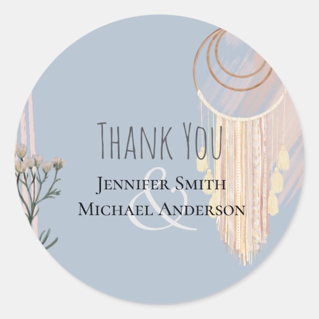 BOHO Wedding Dusty Blue Peach Dream Catcher Classic Round Sticker (Front)