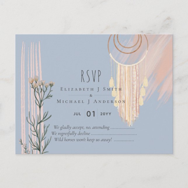 BOHO Wedding Dusty Blue Peach Dream Catcher RSVP Postcard (Front)