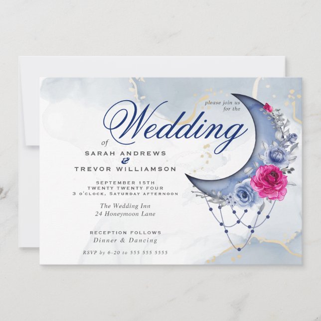 Boho Wedding Esoteric Navy Custom Crescent Moon  Invitation (Front)