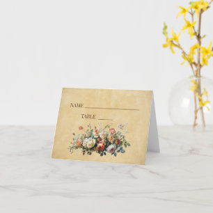 Boho wedding floral arrangement old paper place card