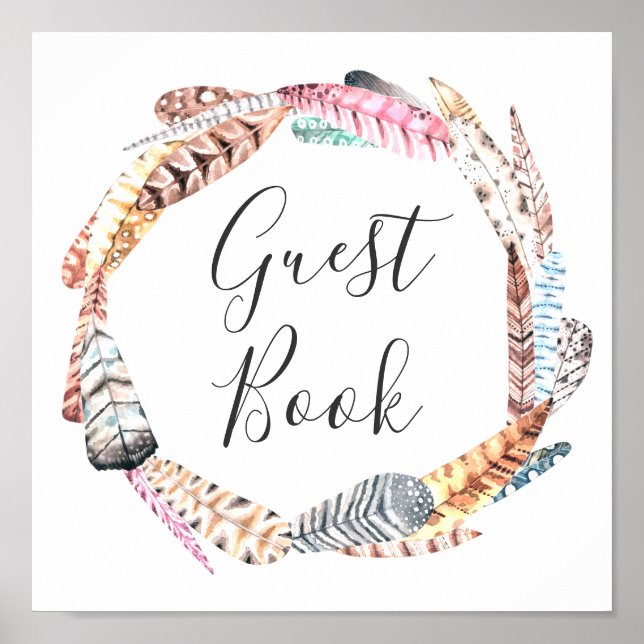 Boho wedding guest book. Watercolor feather wreath Poster (Front)