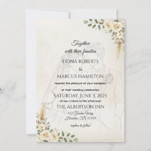 Boho Wedding Invitation Ivory Roses & Pampas Grass