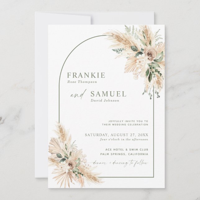 Boho Wedding Invitation | Pampas Grass Greenery  (Front)